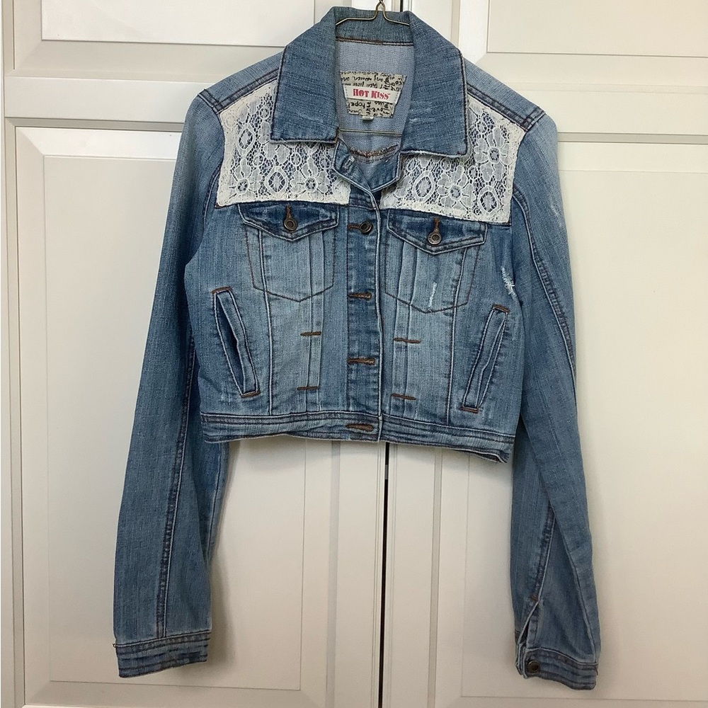 Distressed Cropped Denim Jacket with White Lace